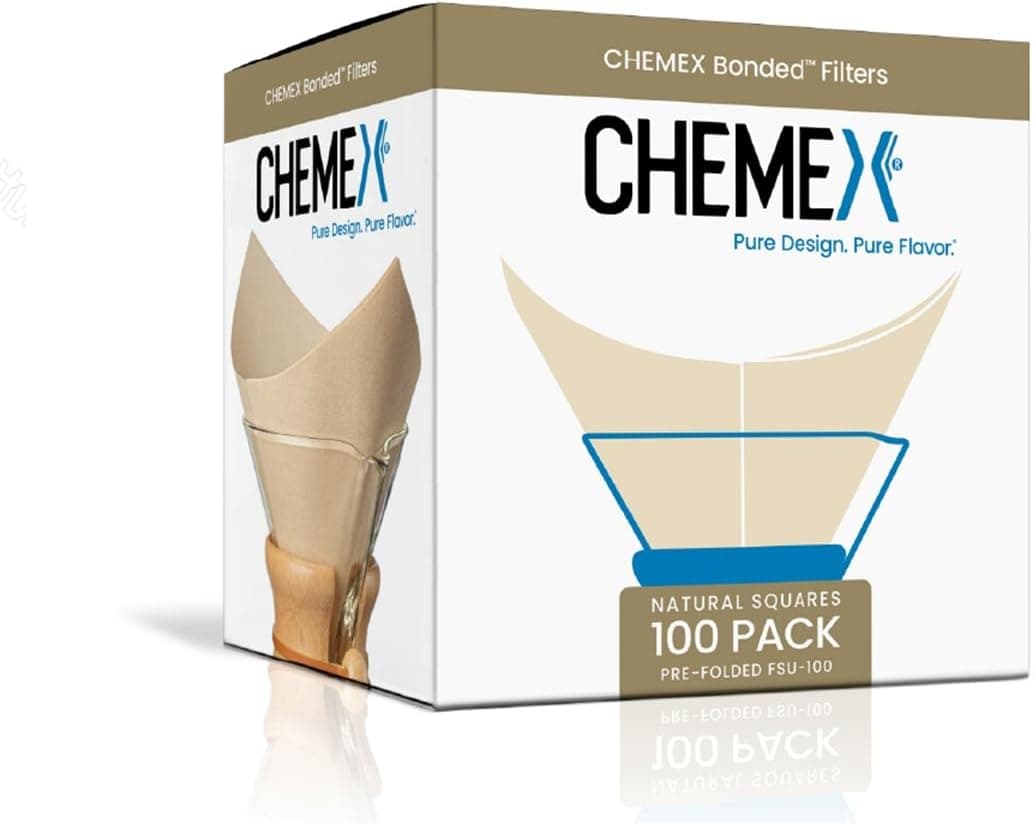 Chemex Unbleached Natural Bonded Coffee Filters, Pre-Folded Squares (100-Count)
