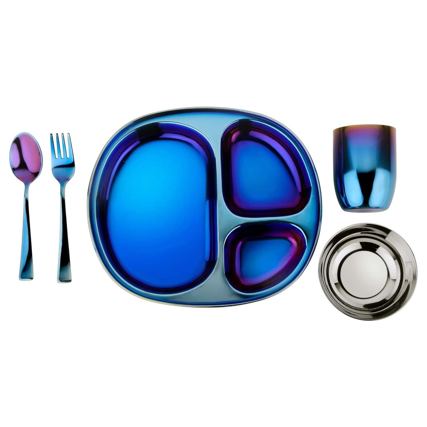 Ahimsa Stainless Steel Kids 5-Piece Dinnerware Set — Iridescent Blue